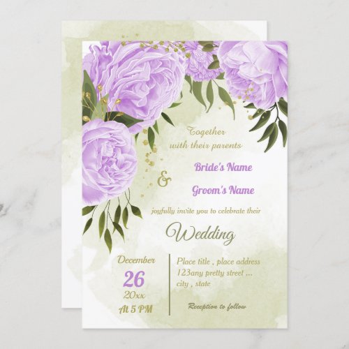 pretty purple flowers greenery geometric wedding invitation