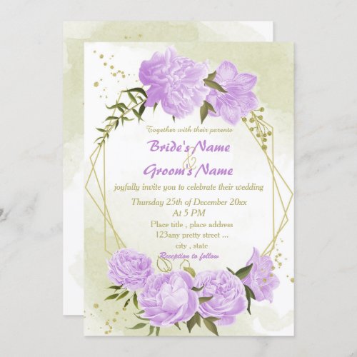 pretty purple flowers greenery geometric wedding invitation