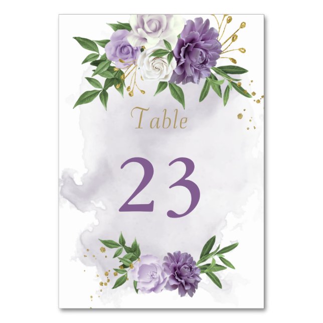 pretty purple flowers greenery  table number (Front)