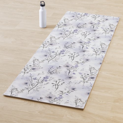 Pretty Purple Flowers Grey White Plaid Stripes  Yoga Mat