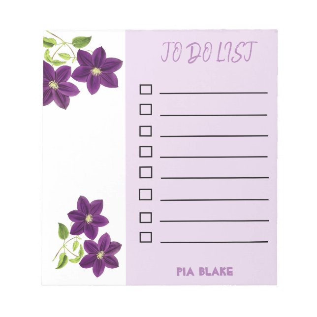 Pretty Purple Flowers Lined To Do List Notepad (Front)