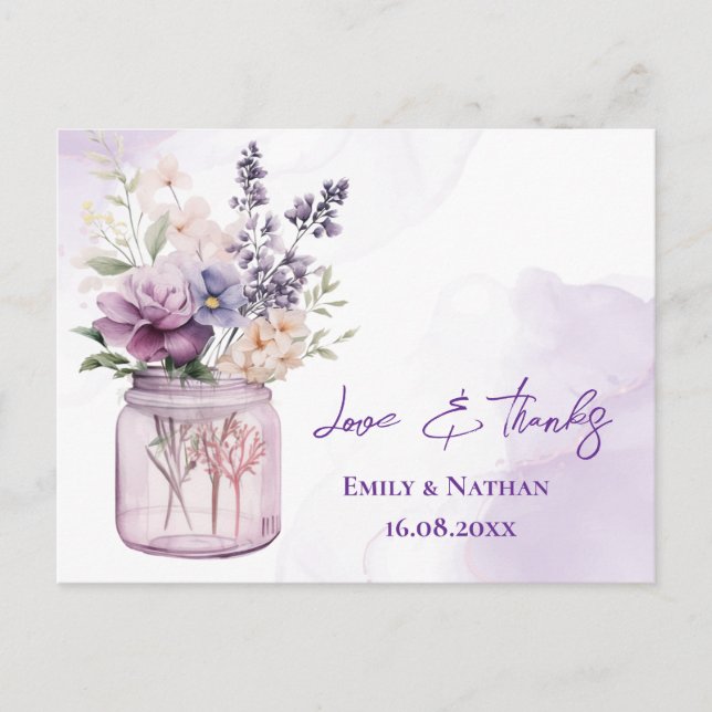 Pretty Purple Flowers Mason Jar Wedding Thank you Postcard (Front)