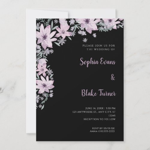 Pretty Purple Flowers Romantic Black Wedding Invitation