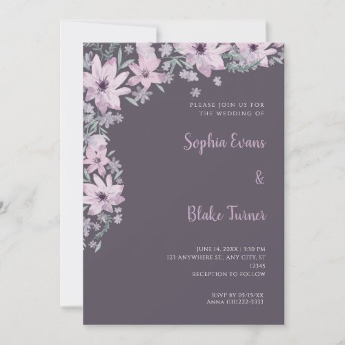 Pretty Purple Flowers Romantic Smoke Gray Wedding Invitation