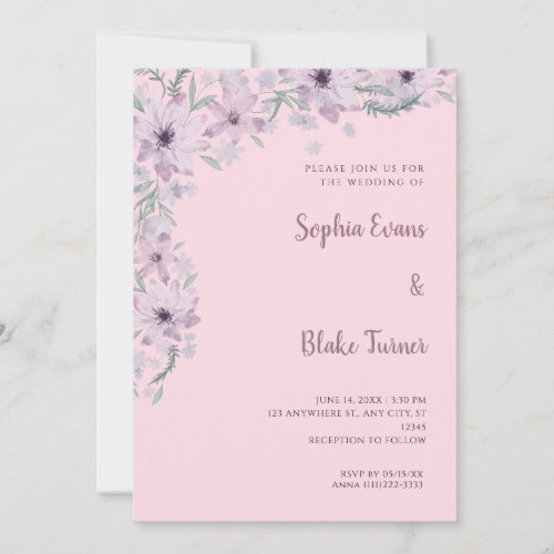 Pretty Purple Flowers Romantic Soft Pink Wedding Invitation