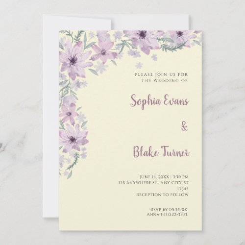 Pretty Purple Flowers Romantic Soft Yellow Wedding Invitation