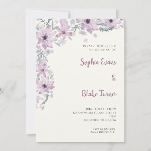 Pretty Purple Flowers Romantic White Cream Wedding Invitation