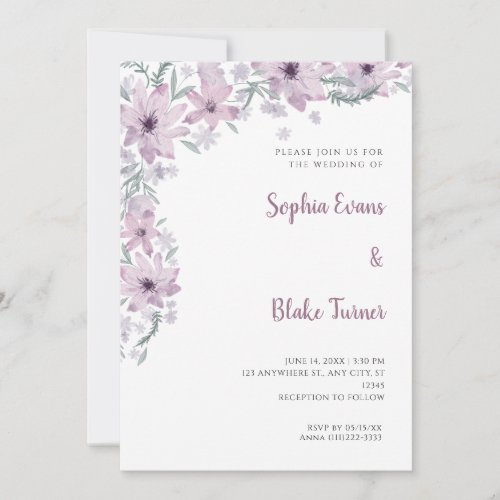Pretty Purple Flowers Romantic White Wedding Invitation