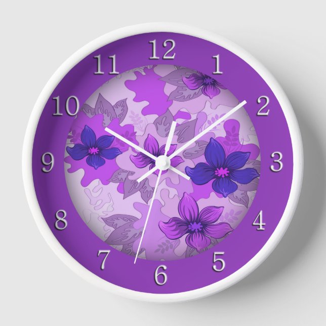Pretty Purple Flowers White Numbers Clock (Front)