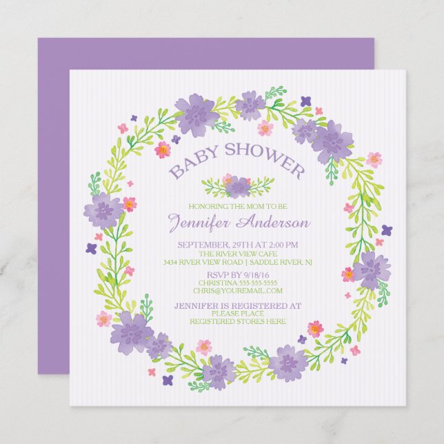 Pretty Purple Flowers Wreath Girls Baby Shower Invitation (Front/Back)