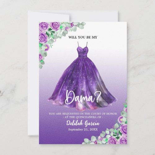 Pretty Purple Formal Quinceaera Dama Proposal Invitation