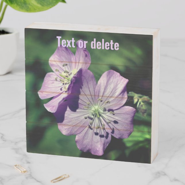 Pretty Purple Geranium Flower Pair Personalized Wooden Box Sign (In Situ Horizontal)