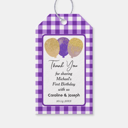 Pretty Purple Gingham Glitter Balloons Birthday Gift Tags