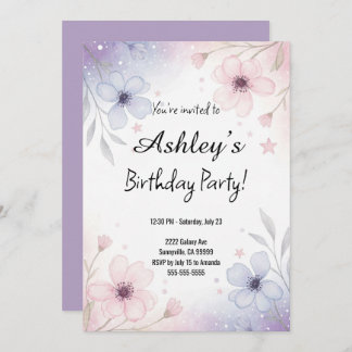 Pretty Purple Girl's Flower Birthday Party Invitation