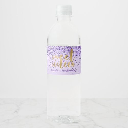 Pretty Purple Glitter Sweet 16 Water Bottle Label