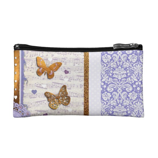 Pretty Purple & Gold butterflies & music collage Makeup Bag