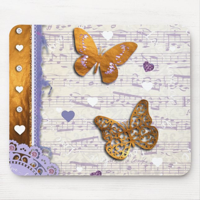 Pretty Purple & Gold butterflies & music collage Mouse Pad (Front)