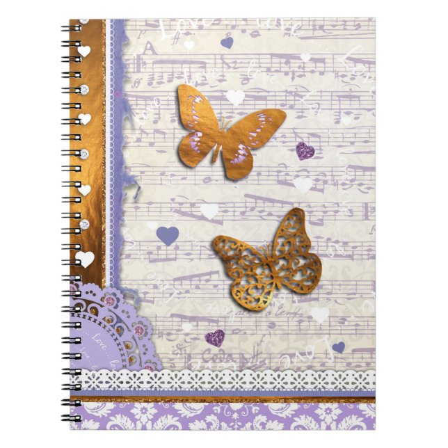 Pretty Purple & Gold butterflies & music collage Notebook (Front)