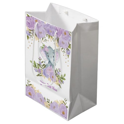 Pretty Purple Gold Elephant Baby Watercolor Floral Medium Gift Bag