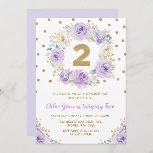 Pretty Purple Gold Floral Rose 2nd Birthday Party Invitation