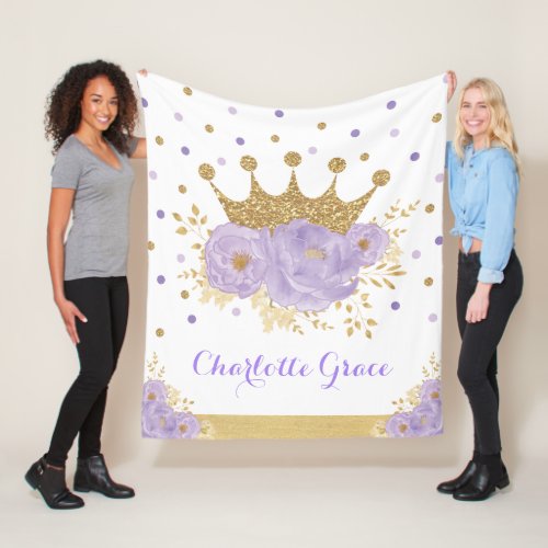 Pretty Purple Gold Floral Royal Crown Princess Fleece Blanket
