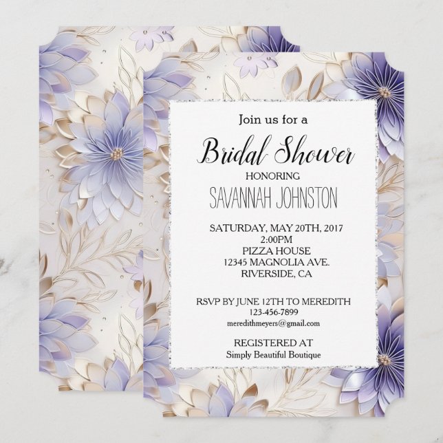 Pretty Purple Gold Pearl Floral Invitation (Front/Back)