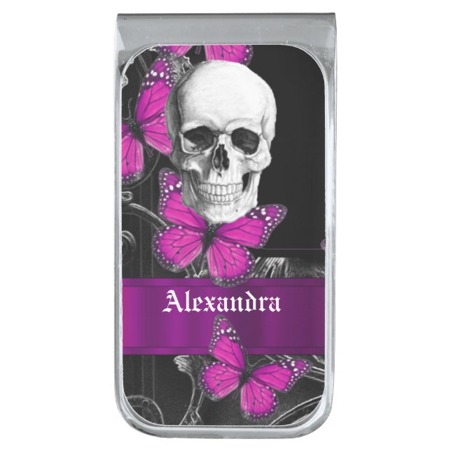 Pretty Purple Gothic Skull Silver Finish Money Clip (Front Vertical)