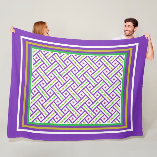 Pretty Purple, Green and Gold Basketweave Pattern Fleece Blanket (In Situ)