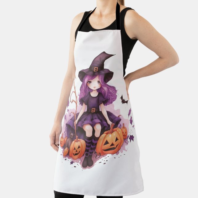 Pretty Purple Haired Witch Pumpkins & Bats Apron (Insitu)