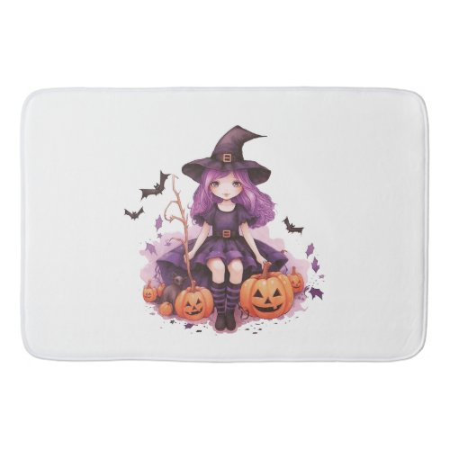 Pretty Purple Haired Witch Pumpkins  Bats Bath Mat