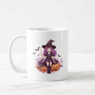 Pretty Purple Haired Witch Pumpkins & Bats Coffee Mug