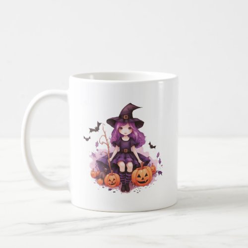 Pretty Purple Haired Witch Pumpkins  Bats Coffee Mug