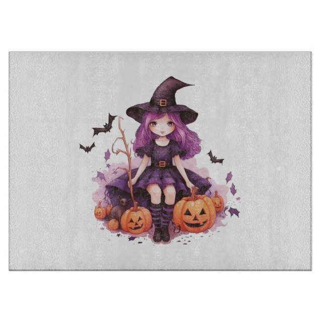 Pretty Purple Haired Witch Pumpkins & Bats Cutting Board (Front)