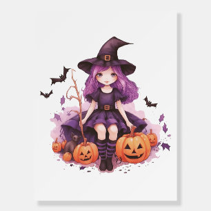 Pretty Purple Haired Witch Pumpkins & Bats Foam Board