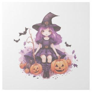 Pretty Purple Haired Witch Pumpkins & Bats Gallery Wrap