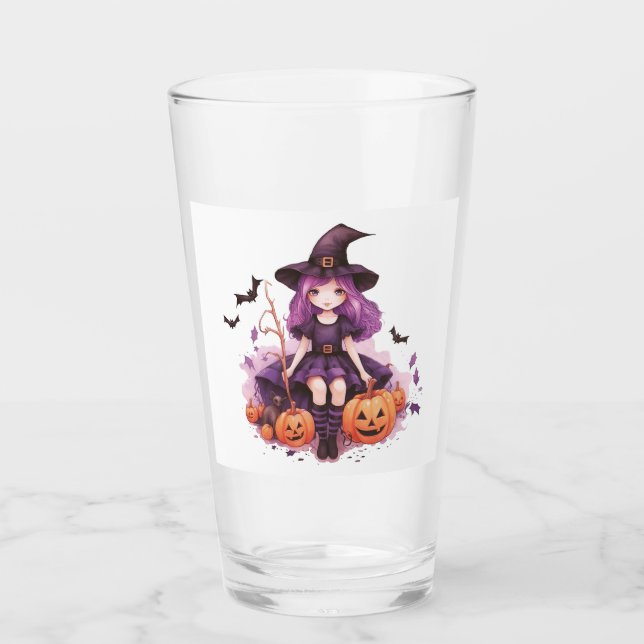 Pretty Purple Haired Witch Pumpkins & Bats Glass (Front)