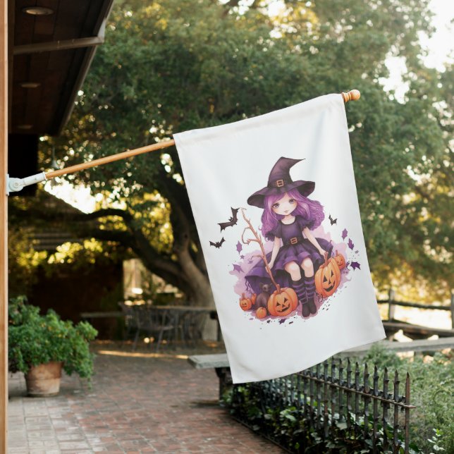 Pretty Purple Haired Witch Pumpkins & Bats House Flag (In SItu)