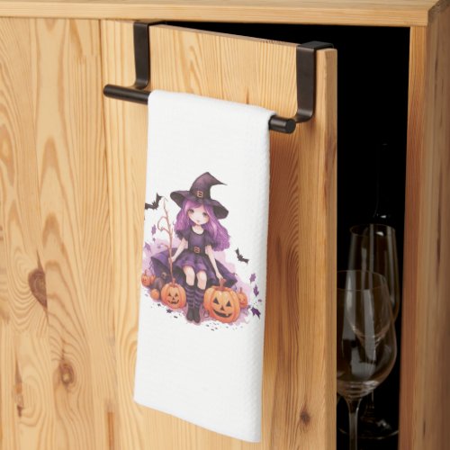 Pretty Purple Haired Witch Pumpkins  Bats Kitchen Towel