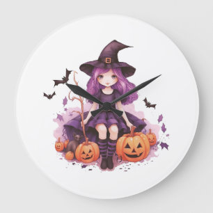 Pretty Purple Haired Witch Pumpkins & Bats Large Clock