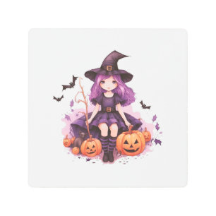 Pretty Purple Haired Witch Pumpkins & Bats Metal Print
