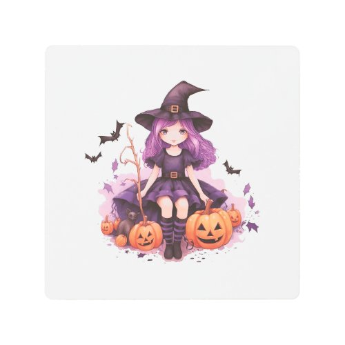 Pretty Purple Haired Witch Pumpkins  Bats Metal Print