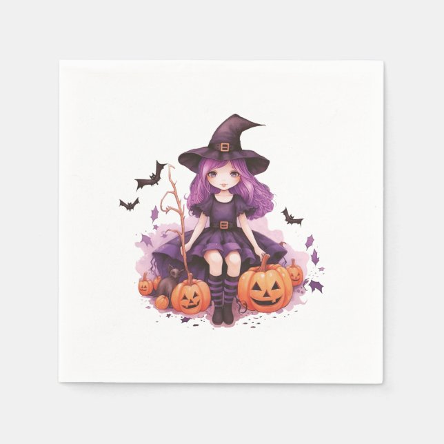 Pretty Purple Haired Witch Pumpkins & Bats Napkins (Front)