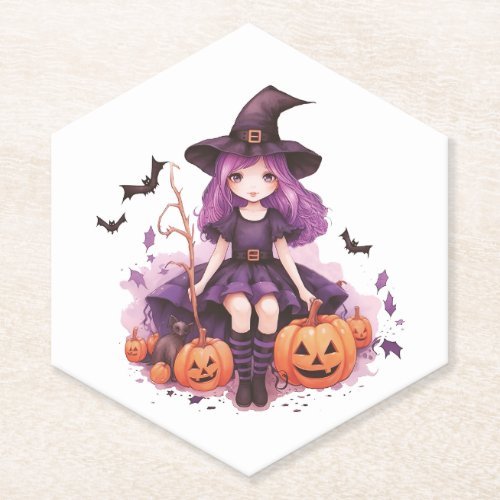 Pretty Purple Haired Witch Pumpkins  Bats Paper Coaster