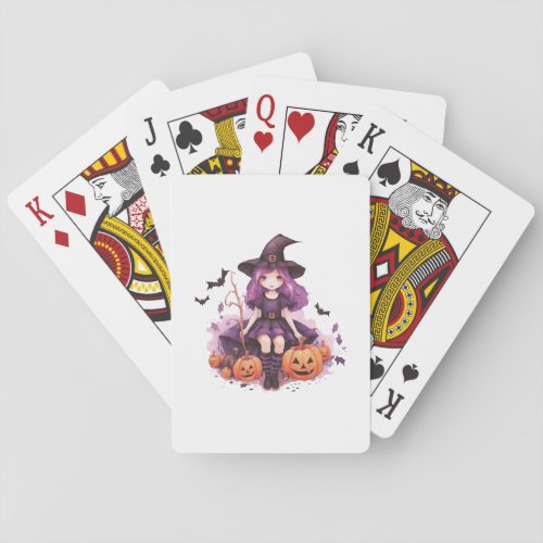 Pretty Purple Haired Witch Pumpkins  Bats Playing Cards