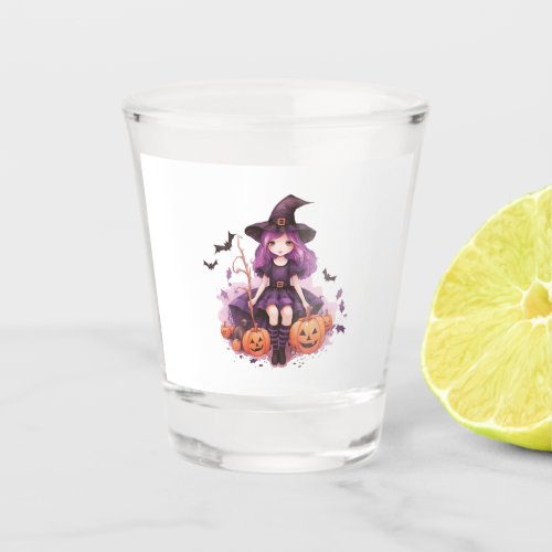 Pretty Purple Haired Witch Pumpkins  Bats Shot Glass