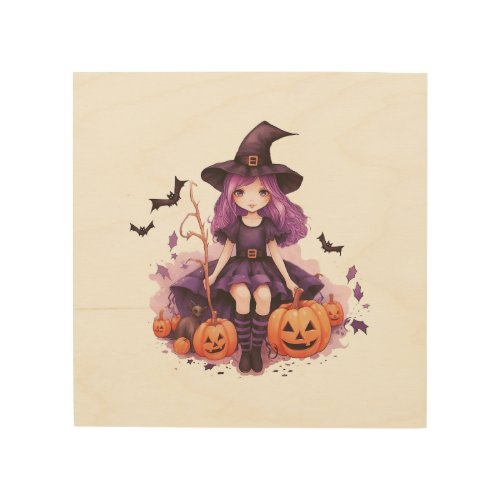 Pretty Purple Haired Witch Pumpkins  Bats Wood Wall Art