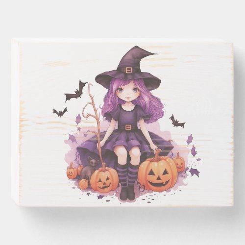 Pretty Purple Haired Witch Pumpkins  Bats Wooden Box Sign