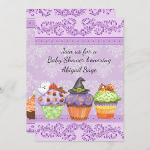 Pretty Purple Halloween Cupcakes Baby Shower Invitation