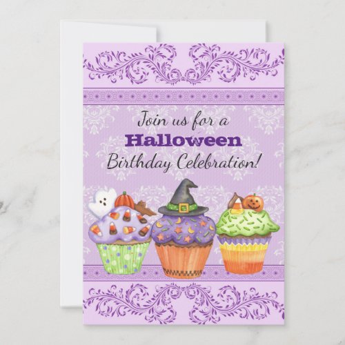 Pretty Purple Halloween Cupcakes Birthday Invite