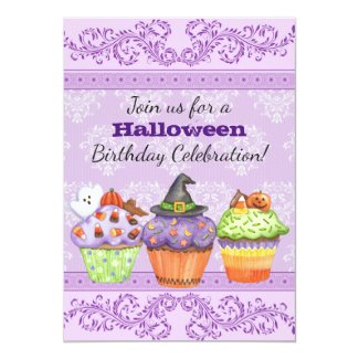 Pretty Purple Halloween Cupcakes Birthday Invite